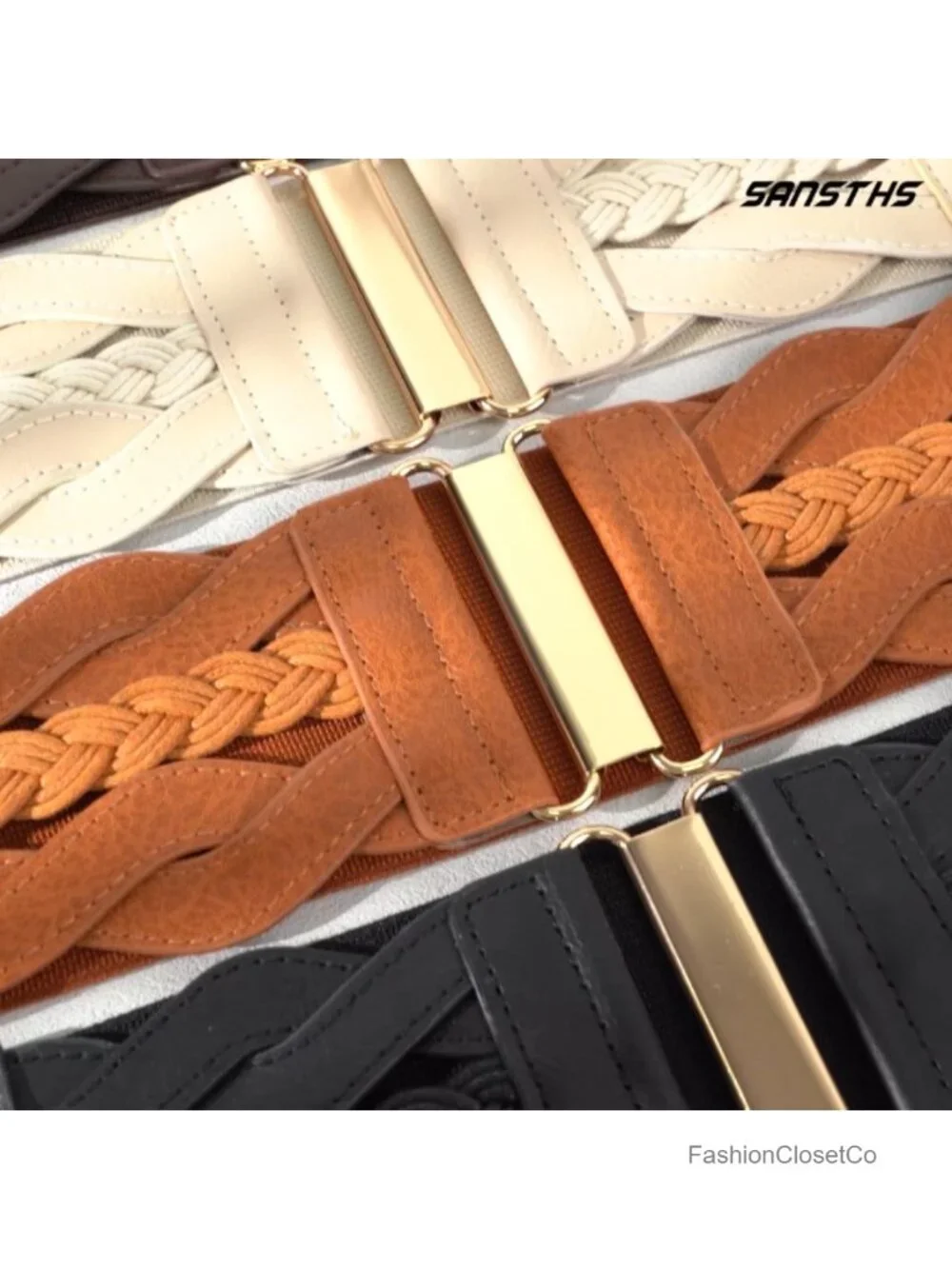Wide Elastic Waist Belt for Women, Faux Leather with Gold Buckle, Stretchy